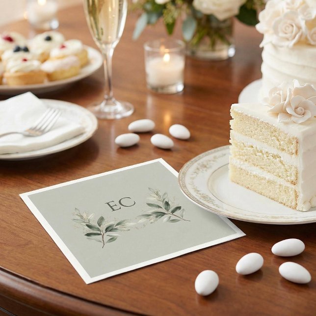 Sage Green Olive Branch Monogram Wedding Napkins (Creator Uploaded)