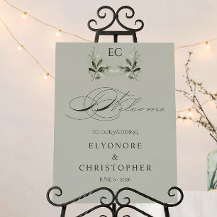 Sage Green Olive Branch Monogram Wedding Welcome Foam Board