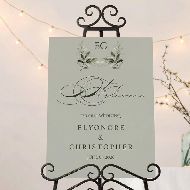 Sage Green Olive Branch Monogram Wedding Welcome Foam Board (Creator Uploaded)