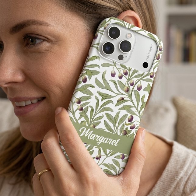  Sage Green Olive Branch Name Monogram  iPhone Case (Olive Branch Name Monogram Sage Green iPhone Case)
