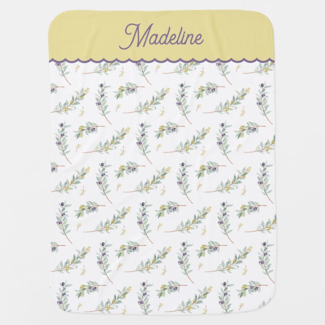 Sage Green Olive Branch Pattern Baby Name Blanket (Front)