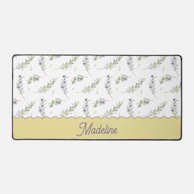 Sage Green Olive Branch Pattern Monogram Name Desk Mat (Front)