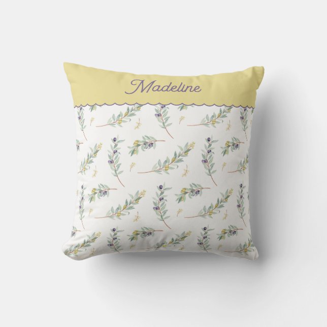 Sage Green Olive Branch Pattern Monogram Name Throw Pillow (Front)