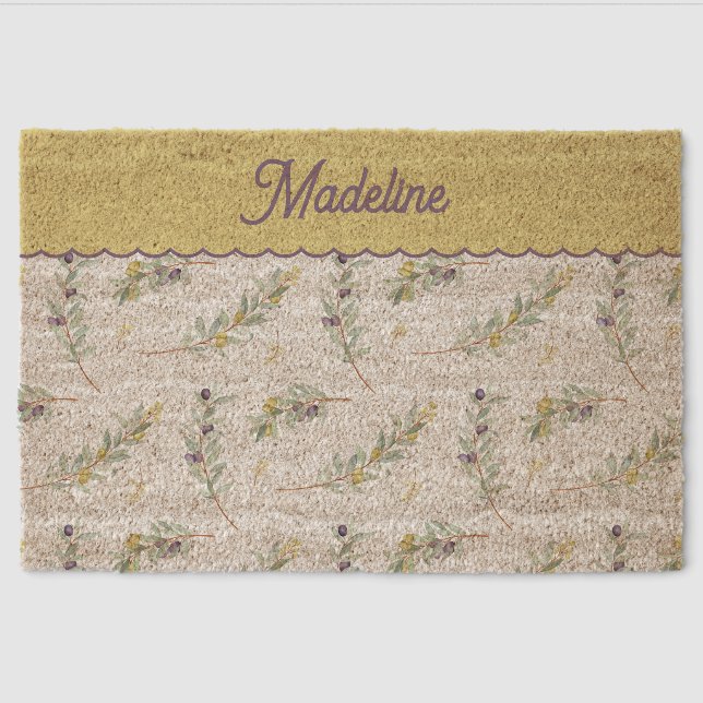 Sage Green Olive Branch Pattern Name Fiber Doormat (Front)