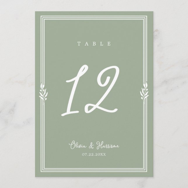 Sage Green Olive Branch Wedding Table Number (Front)