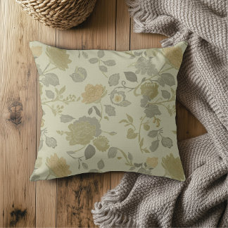 Sage Green Olive Gold Gray Modern Farmhouse Floral Throw Pillow