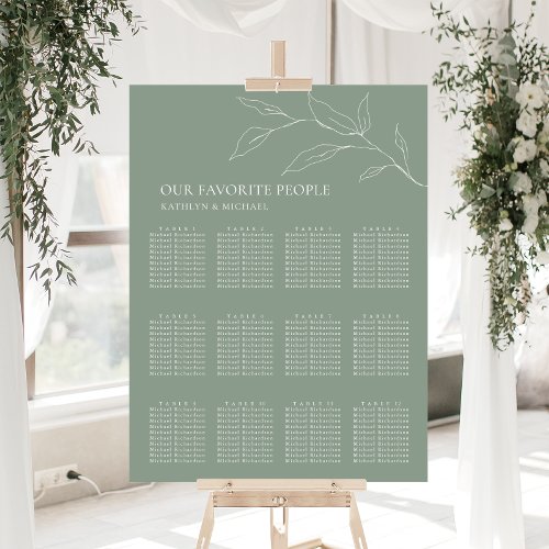Sage Green Olive Leaf Wedding 12 Table Seating Poster