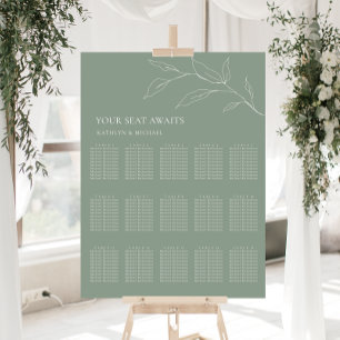 Sage Green Olive Leaf Wedding 15 Table Seating Poster