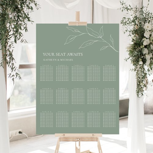 Sage Green Olive Leaf Wedding 15 Table Seating Poster