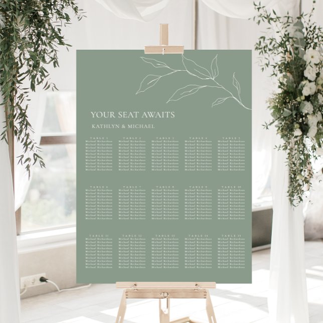 Sage Green Olive Leaf Wedding 15 Table Seating Poster (Creator Uploaded)