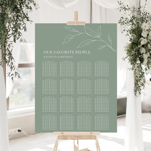 Sage Green Olive Leaf Wedding 16 Table Seating Poster