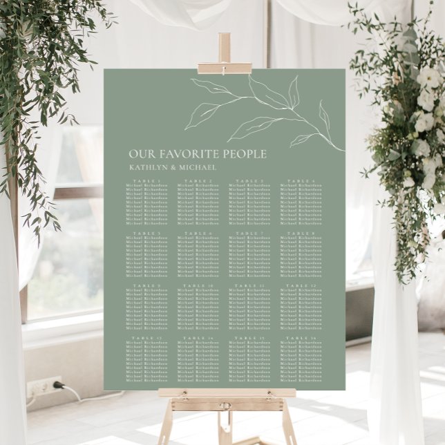Sage Green Olive Leaf Wedding 16 Table Seating Poster (Creator Uploaded)