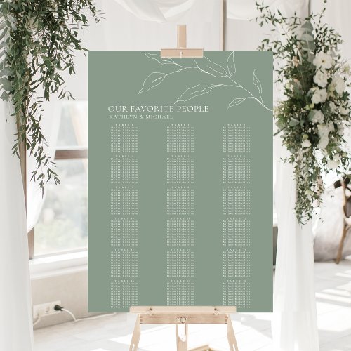 Sage Green Olive Leaf Wedding 18 Table Seating Poster