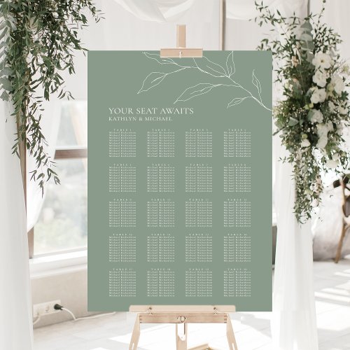 Sage Green Olive Leaf Wedding 20 Table Seating Poster