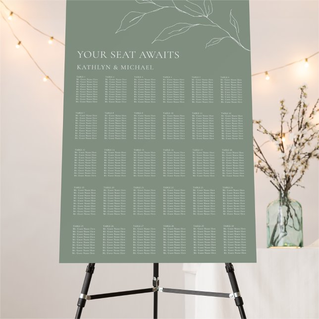 Sage Green Olive Leaf Wedding 30 Table Seating Foam Board (Creator Uploaded)