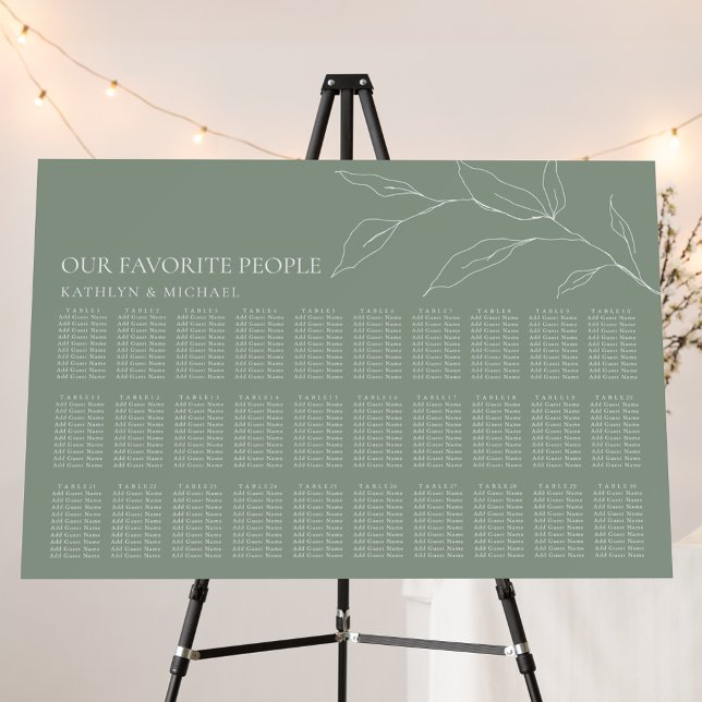 Sage Green Olive Leaf Wedding 30 Table Seating Foam Board (Creator Uploaded)