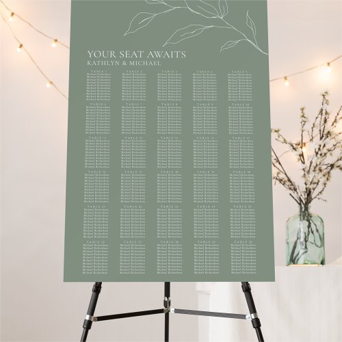 Sage Green Olive Leaf Wedding 30 Table Seating Foam Board