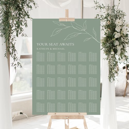 Sage Green Olive Leaf Wedding 30 Table Seating Poster
