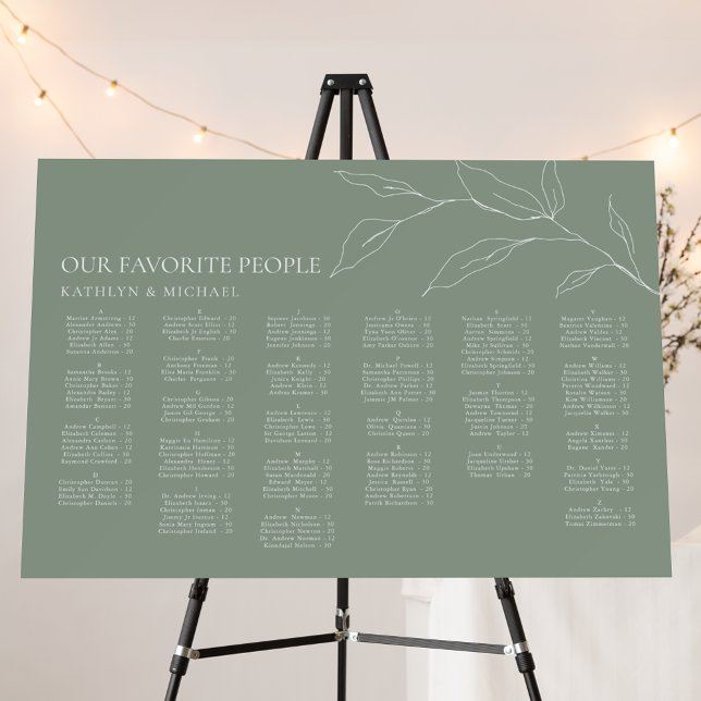Sage Green Olive Leaf Wedding Alphabetical Seating Foam Board (Creator Uploaded)