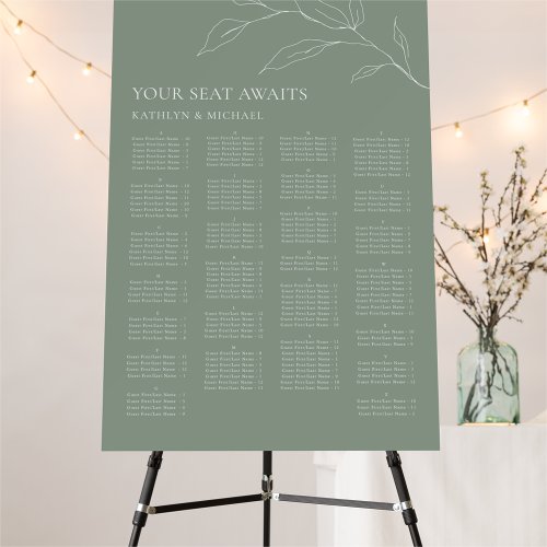 Sage Green Olive Leaf Wedding Alphabetical Seating Foam Board