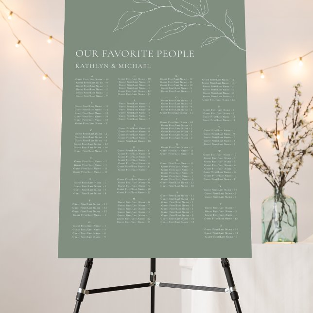 Sage Green Olive Leaf Wedding Alphabetical Seating Foam Board (Creator Uploaded)