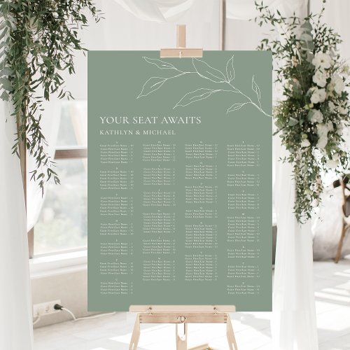 Sage Green Olive Leaf Wedding Alphabetical Seating Poster