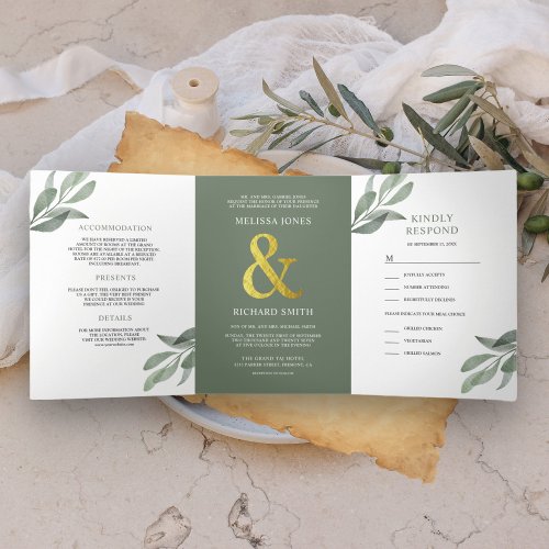 Sage Green Olive Leaves Branch All in One Wedding Tri_Fold Invitation