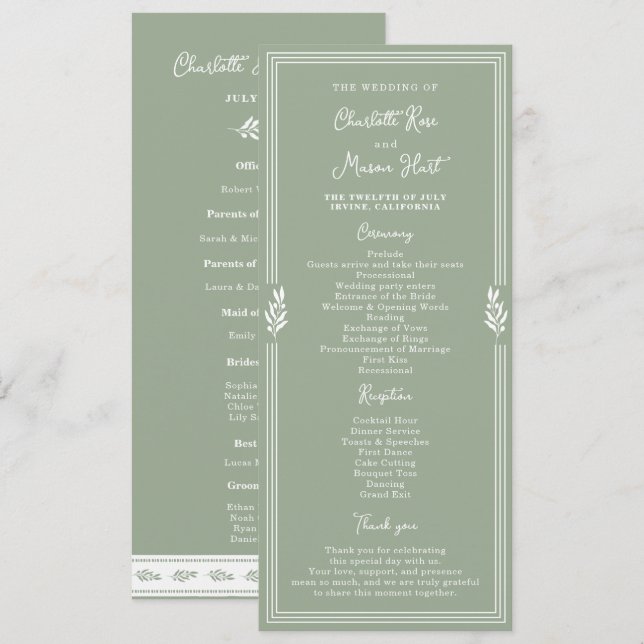 Sage Green Olive Old Money Garden Wedding Program (Front/Back)