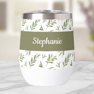 Sage Green Olives Watercolor Monogram Name Thermal Wine Tumbler