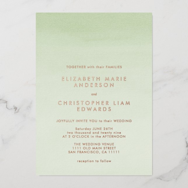 Sage Green Ombre Watercolor Rose Gold Wedding Foil Invitation (Front)