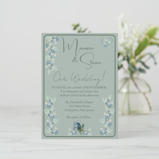 Sage Green on Green Floral Wedding Invitation (Standing Front)