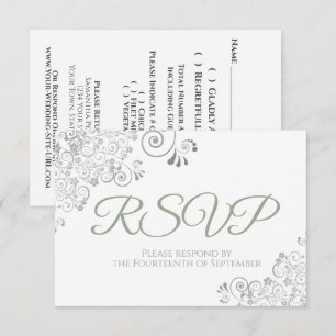 Sage Green on White Elegant Silver Lace Wedding RSVP Card