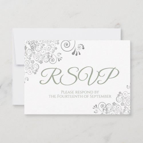 Sage Green on White Elegant Silver Lace Wedding RSVP Card