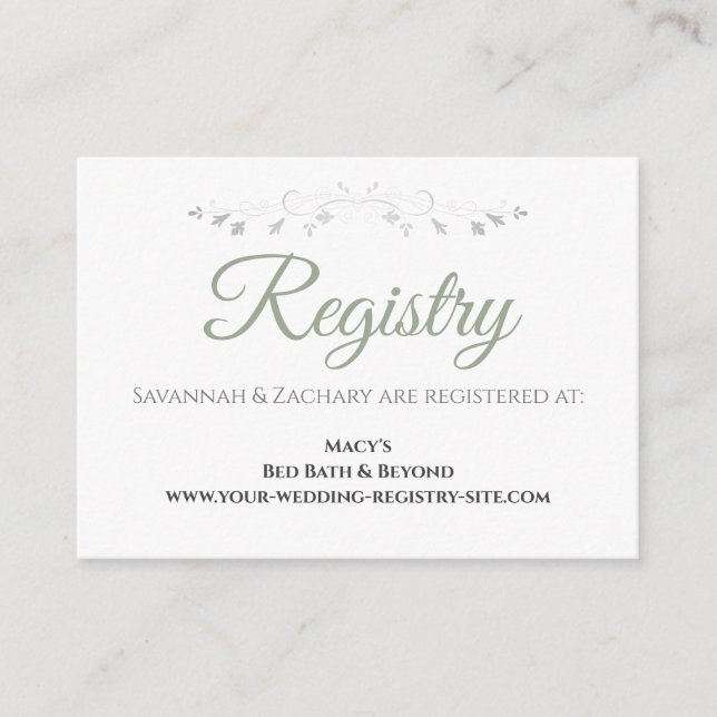 Sage Green on White Elegant Wedding Registry Enclosure Card (Front)