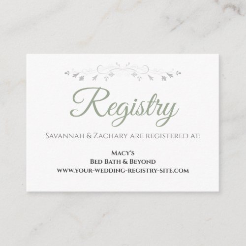Sage Green on White Elegant Wedding Registry Enclosure Card