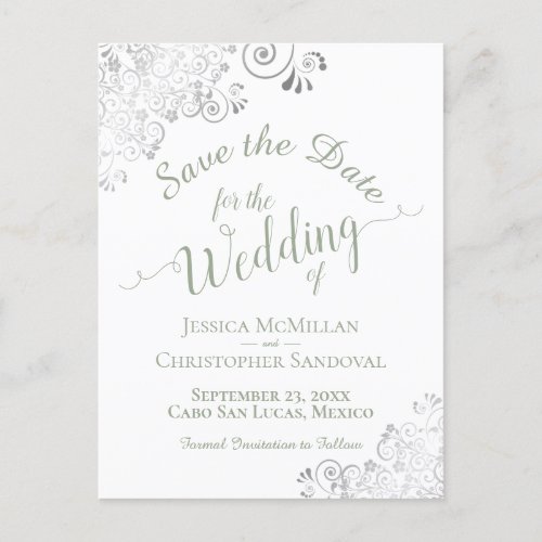 Sage Green on White Lacy Wedding Save the Date Announcement Postcard