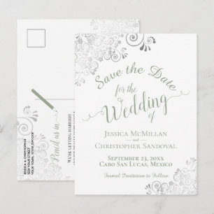 Sage Green on White Lacy Wedding Save the Date Announcement Postcard