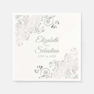 Sage Green on White Silver Frills Elegant Wedding Napkins