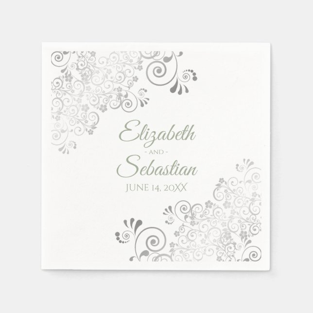 Sage Green on White Silver Frills Elegant Wedding Napkins (Front)