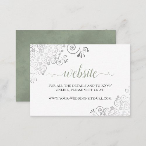 Sage Green on White w Silver Lace Wedding Website Enclosure Card