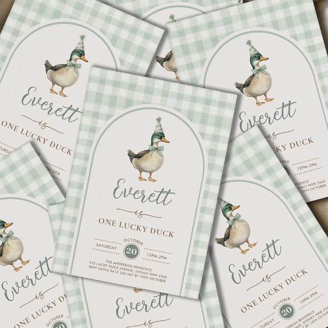Sage Green One Lucky Duck 1st Birthday Invitation (Creator Uploaded)