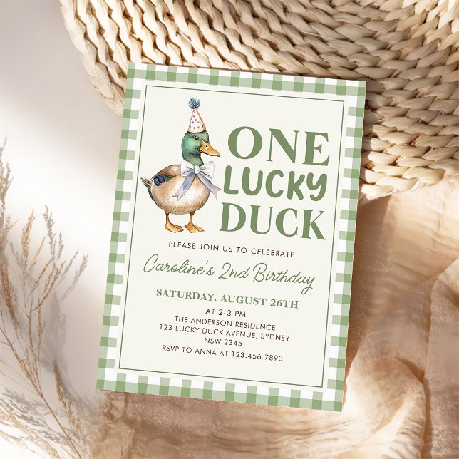Sage Green One Lucky Duck 1st Birthday Invitation (Creator Uploaded)