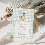 Sage Green One Lucky Duck 1st Birthday Thank You Card<br><div class="desc">This retro-inspired thank you card features an adorable duck dressed in a party hat and bow tie,  holding a whimsical balloon. The soft sage-green gingham background adds a cozy,  rustic look.</div>
