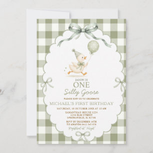 Sage Green One Silly Goose 1st Birthday Gingham Invitation