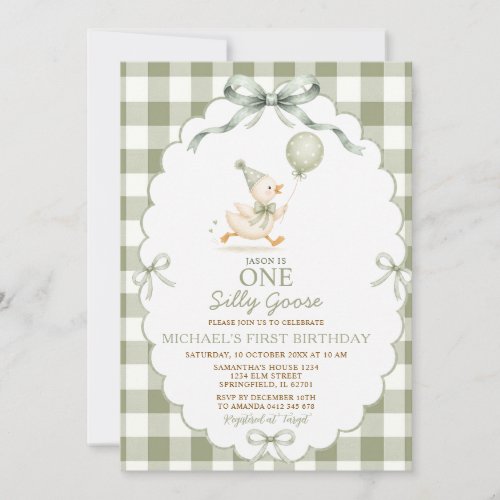 Sage Green One Silly Goose 1st Birthday Gingham Invitation