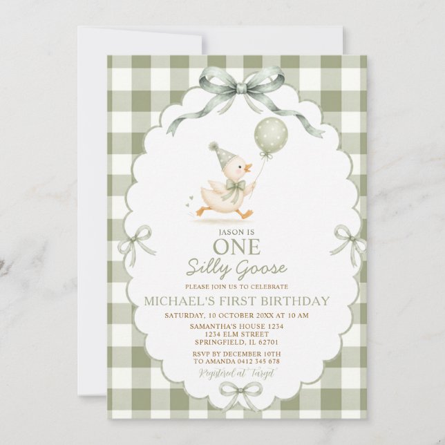 Sage Green One Silly Goose 1st Birthday Gingham Invitation (Front)