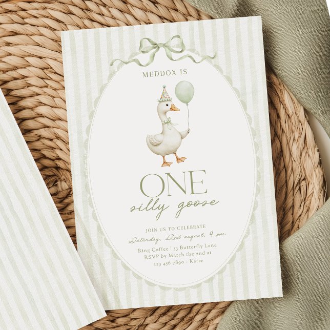 Sage Green One Silly Goose Birthday Invitation (Creator Uploaded)