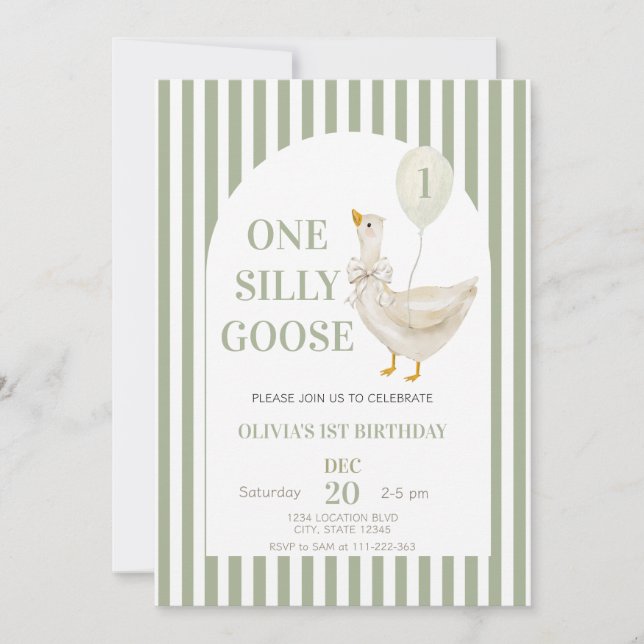 Sage green One Silly Goose Gender Neutral Birthday Invitation (Front)