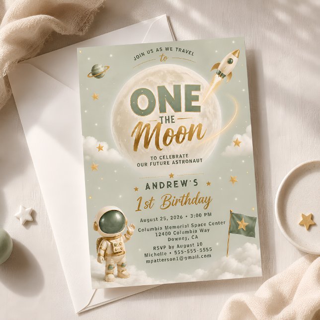 Sage Green One The Moon Birthday Party Astronaut Invitation (Creator Uploaded)
