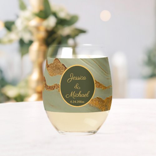 Sage Green Onyx Stone Pattern  Stemless Wine Glass